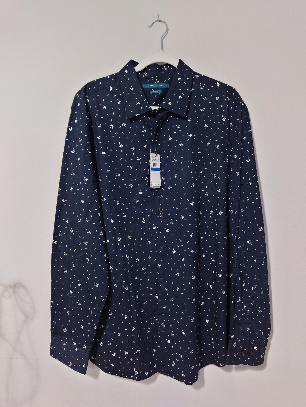 NWT Perry Ellis Men's XL Dark Sapphire Floral Button Down Stretch Cotton Shirt